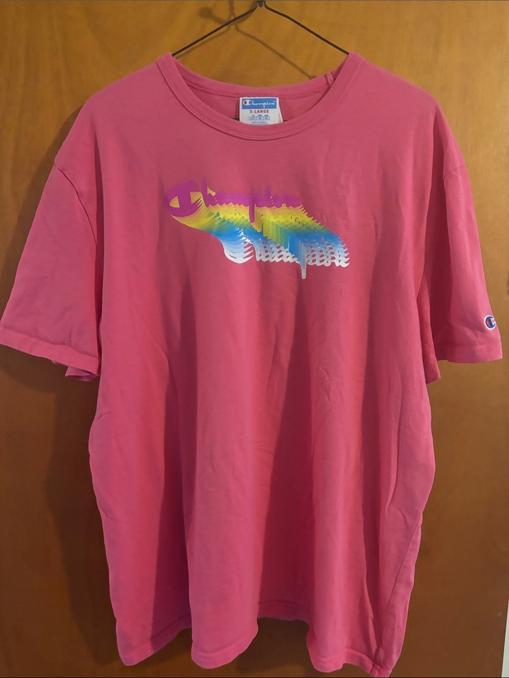 Champion Bright Pink Tee with Rainbow Layered Logo